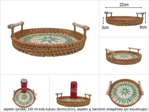 sd51006 rattan çerçeveli sedef tabanlı no1 ahşap kulplu desenli dekoratif tepsi - 