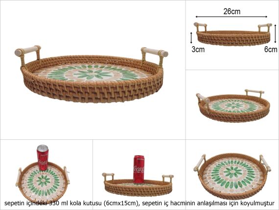 sd51008 rattan çerçeveli sedef tabanlı no3 ahşap kulplu desenli dekoratif tepsi - 1