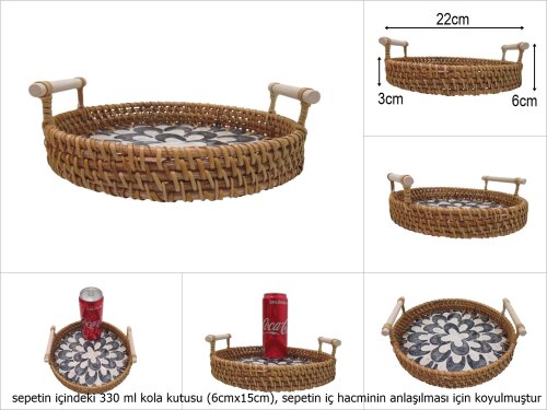 sd51009 rattan çerçeveli sedef tabanlı no1 ahşap kulplu desenli dekoratif tepsi - 