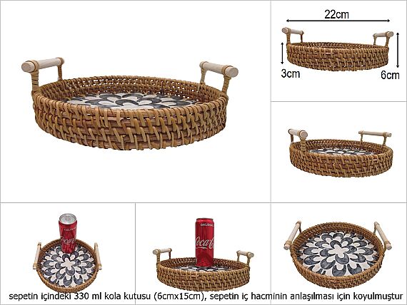 sd51009 rattan çerçeveli sedef tabanlı no1 ahşap kulplu desenli dekoratif tepsi - 1