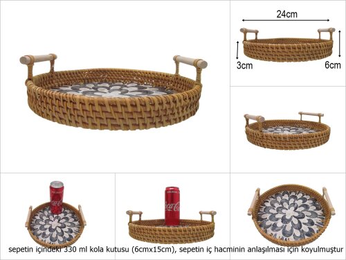 sd51010 rattan çerçeveli sedef tabanlı no2 ahşap kulplu desenli dekoratif tepsi - 