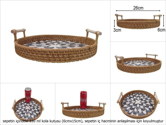 sd51011 rattan çerçeveli sedef tabanlı no3 ahşap kulplu desenli dekoratif tepsi - 1
