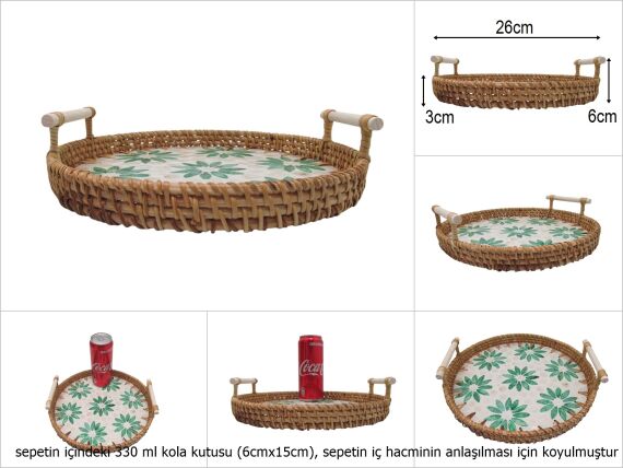 sd51014 rattan çerçeveli sedef tabanlı no3 ahşap kulplu desenli dekoratif tepsi - 1