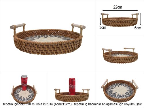 sd51015 rattan çerçeveli sedef tabanlı no1 ahşap kulplu desenli dekoratif tepsi - 