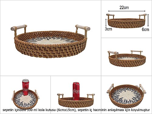 sd51015 rattan çerçeveli sedef tabanlı no1 ahşap kulplu desenli dekoratif tepsi - 