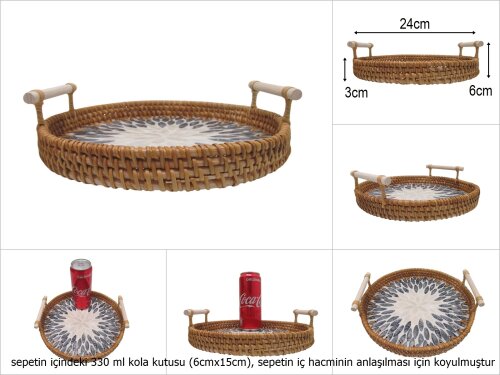 sd51016 rattan çerçeveli sedef tabanlı no2 ahşap kulplu desenli dekoratif tepsi - 