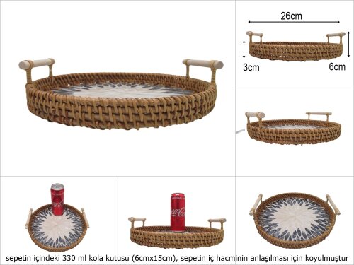 sd51017 rattan çerçeveli sedef tabanlı no3 ahşap kulplu desenli dekoratif tepsi - 