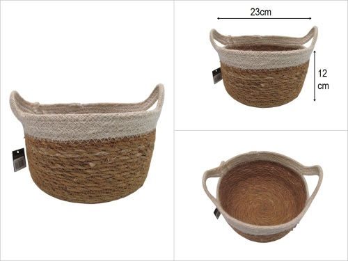 sd51038 no1 hasır+tekstil yandan saplı yuvarlak sepet krem - 