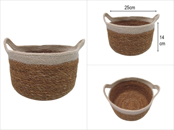 sd51039 no2 hasır+tekstil yandan saplı yuvarlak sepet krem - 1