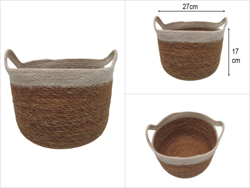 sd51040 no3 hasır+tekstil yandan saplı yuvarlak sepet krem - 