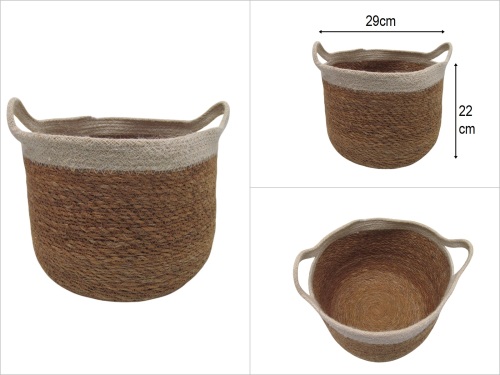 sd51041 no4 hasır+tekstil yandan saplı yuvarlak sepet krem - 