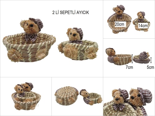 sd51105 dekoratif ayıcık dekorlu 2 li hasır sepet sepet - 