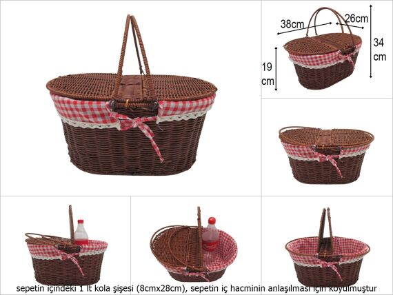 sd51290 metal iskelet üzerine kahverengi pvc örülü sapları katlanan pötikare kumaşlı oval piknik sepeti - 1