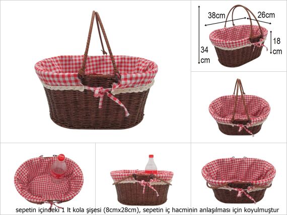 sd51291 metal iskelet üzerine kahverengi pvc örülü sapları katlanan pötikare kumaşlı oval sepet - 1