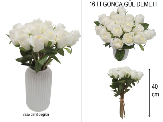 sd51327 kırık beyaz yapay gonca gül demeti 16 lı - 1