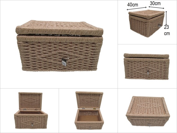 sd51457 AHŞAP İSKELET KASA ÜZERİNE HASIR GÖRÜNÜMLÜ SENTETİK İP ÖRÜLÜ KAPAKLI SEPET - 1