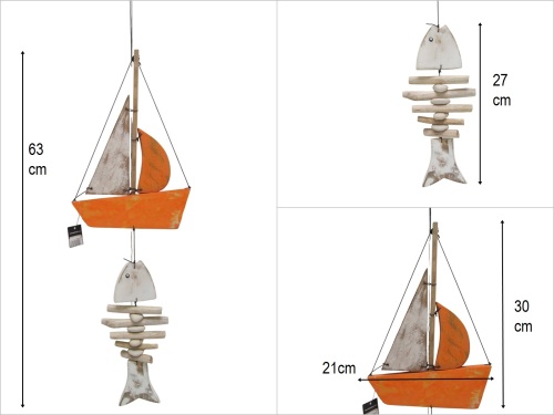sd51920 eskitme ahşap kılçık balık dekorlu yelkenli sarkıt süs - 