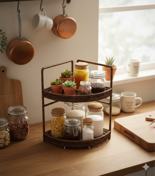 sd51964 metal iskelet üzerine pvc örülü 2 katlı tezgah üstü dekoratif köşe raf - 3