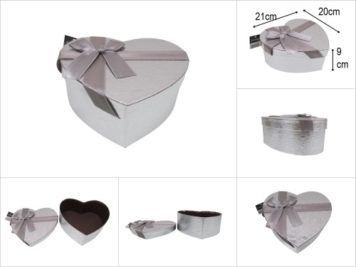 sd52048 gri kalp no3 kurdelalı parlak kabartma desenli hediye saklama kutusu - 