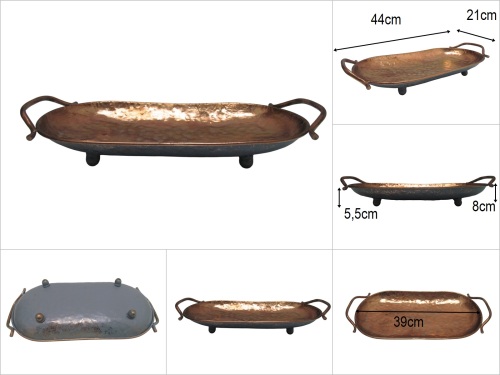 sd52341 eskitme simli bakır boyalı no1 kulplu ayaklı metal dekoratif kayık tabak obje - 