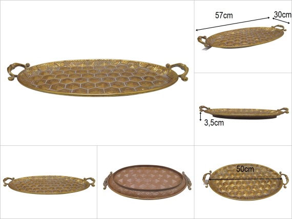 sd52345 eskitme gold boyalı no2 kulplu metal dekoratif kayık tabak obje - 1