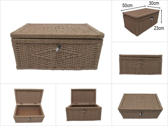 sd52612 AHŞAP İSKELET KASA ÜZERİNE HASIR GÖRÜNÜMLÜ SENTETİK İP ÖRÜLÜ KAPAKLI SEPET KUTU - 1