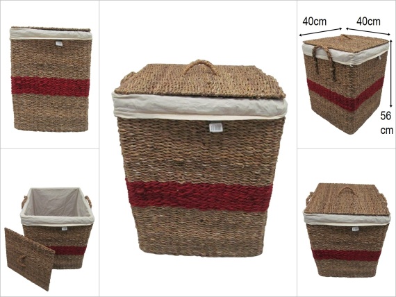 sd52621 kırmızı kuşak dekorlu no2 kapaklı kare hasır sepet - 1