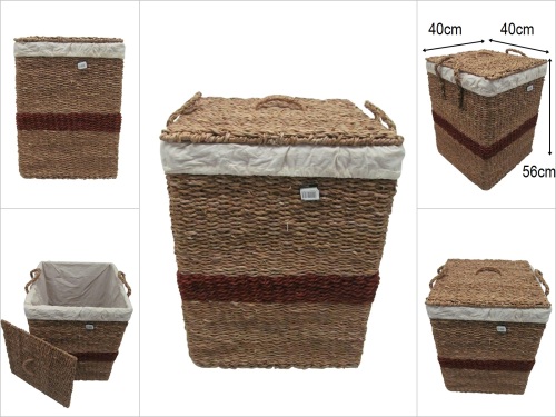 sd52623 kahve kuşak dekorlu no2 kapaklı kare hasır sepet - 