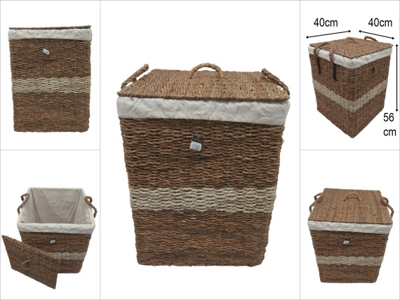 sd52625 krem kuşak dekorlu no2 kapaklı kare hasır sepet - 1