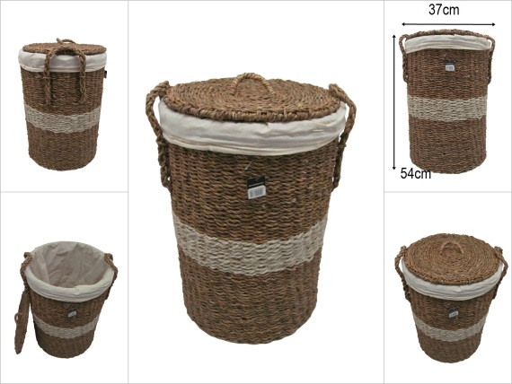 sd52626 krem kuşak dekorlu no1 kapaklı yuvarlak hasır sepet - 1