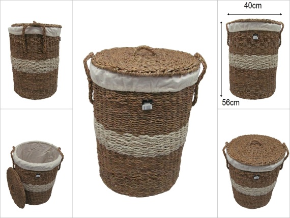 sd52627 krem kuşak dekorlu no2 kapaklı yuvarlak hasır sepet - 1