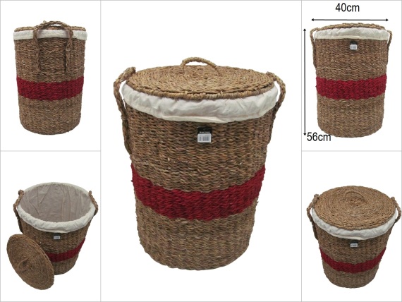 sd52629 kırmızı kuşak dekorlu no2 kapaklı yuvarlak hasır sepet - 1