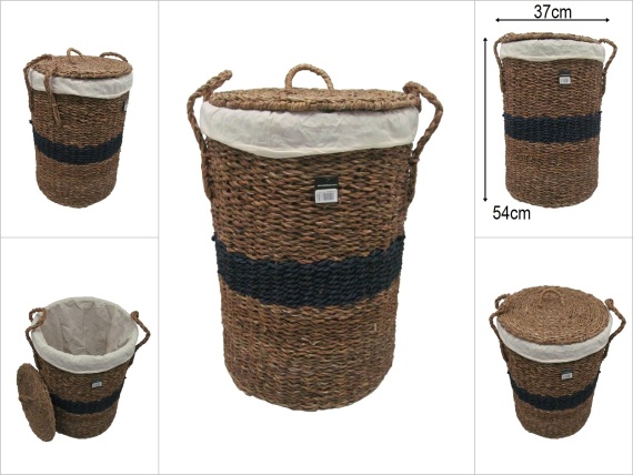 sd52630 lacivert kuşak dekorlu no1 kapaklı yuvarlak hasır sepet - 1