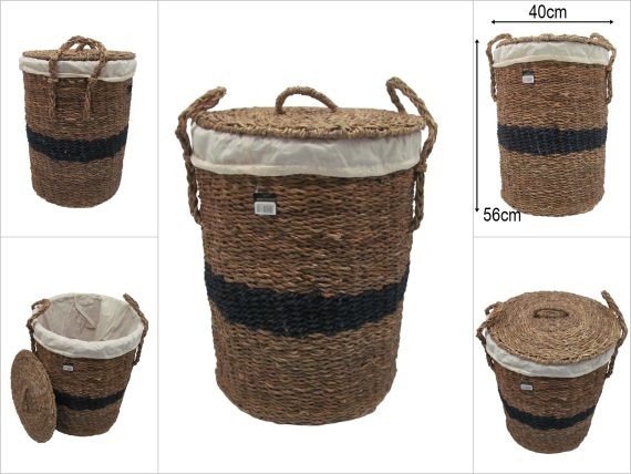 sd52631 lacivert kuşak dekorlu no2 kapaklı yuvarlak hasır sepet - 1