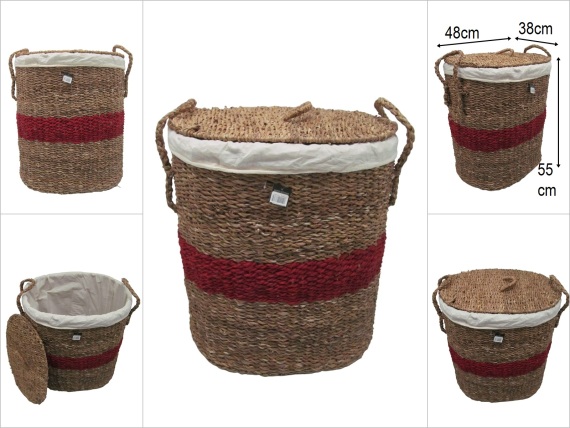 sd52633 kırmızı kuşak dekorlu no2 kapaklı oval hasır sepet - 1