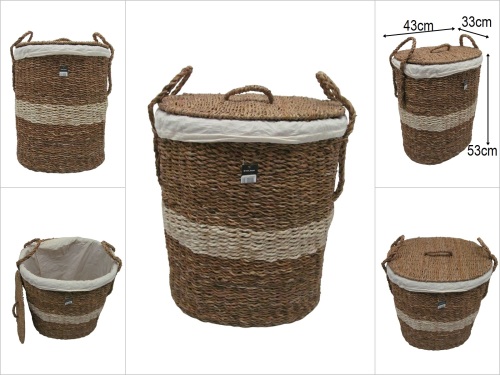 sd52634 krem kuşak dekorlu no1 kapaklı oval hasır sepet - 