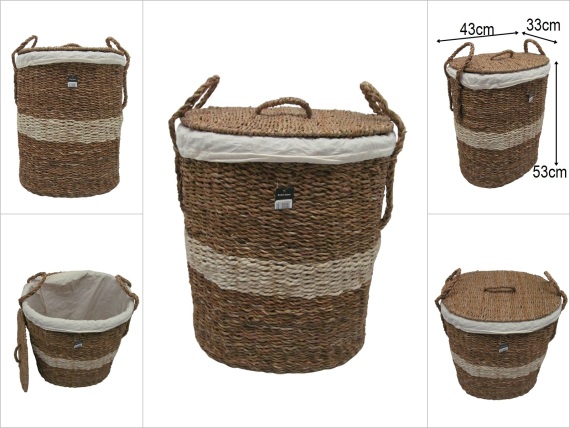 sd52634 krem kuşak dekorlu no1 kapaklı oval hasır sepet - 1