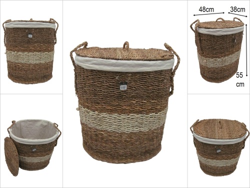 sd52635 krem kuşak dekorlu no2 kapaklı oval hasır sepet - 