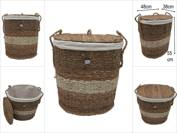 sd52635 krem kuşak dekorlu no2 kapaklı oval hasır sepet - 1