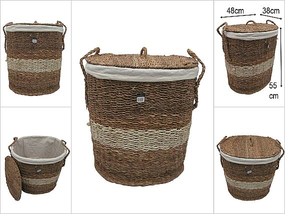 sd52635 krem kuşak dekorlu no2 kapaklı oval hasır sepet - 1