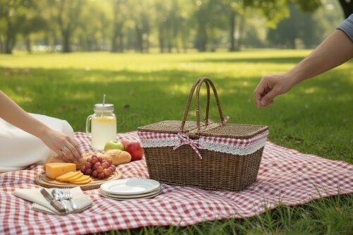 sd52756 metal iskelet üzerine kahverengi pvc örülü sapları katlanan dikdörtgen piknik sepeti - (1)