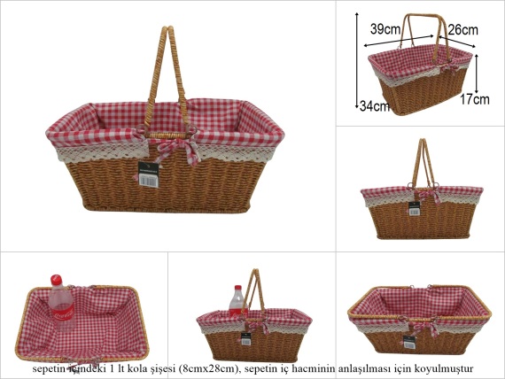 sd52758 metal iskelet üzerine kahverengi pvc örülü sapları katlanan pötikare kumaşlı dikdörtgen sepetsepet - 1
