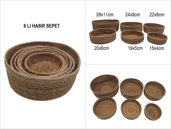 sd52873 hasır+tekstil örgülü 6 lı dekoratif yuvarlak sepet BEJ - 1