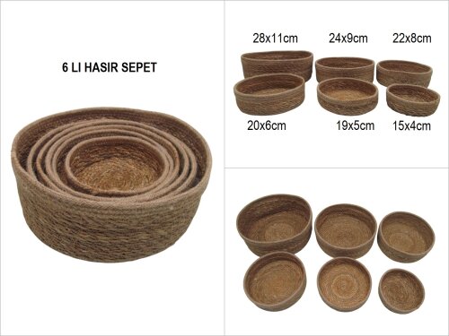 sd53743 hasır+tekstil örgülü 6 lı dekoratif yuvarlak sepet BEJ - 6 LI SET FİYATI %20 İNDİRİMLİ
