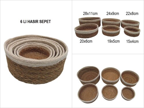 sd53744 hasır+tekstil örgülü 6 lı dekoratif yuvarlak sepet KREM - 6 LI SET FİYATI %20 İNDİRİMLİ