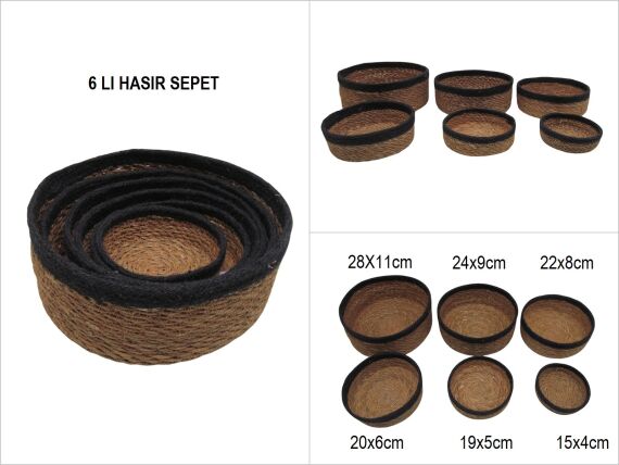 sd52875 hasır+tekstil örgülü 6 lı dekoratif yuvarlak sepet SİYAH - 1