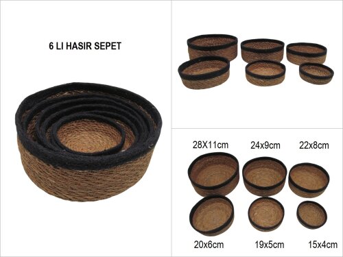 sd53748 hasır+tekstil örgülü 6 lı dekoratif yuvarlak sepet SİYAH - 6 LI SET FİYATI %20 İNDİRİMLİ