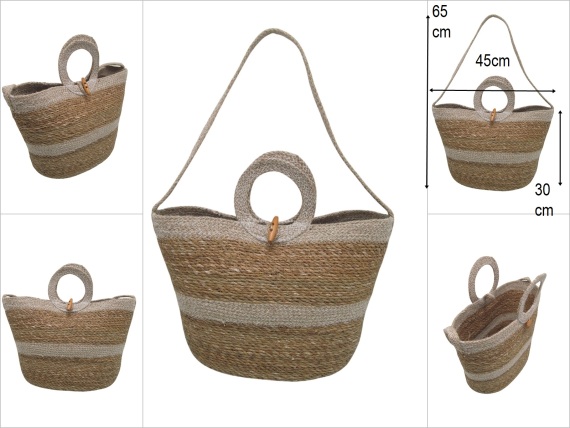 sd52944 krem pamuk ip dekorlu kulplu askılı hasır çanta - 1