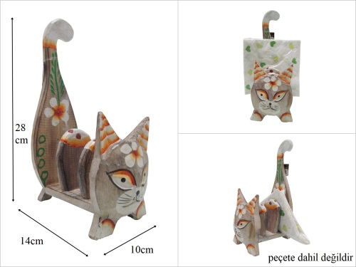 sd53550 dekoratif 3 bölmeli kedi figürlü ahşap peçetelik - 