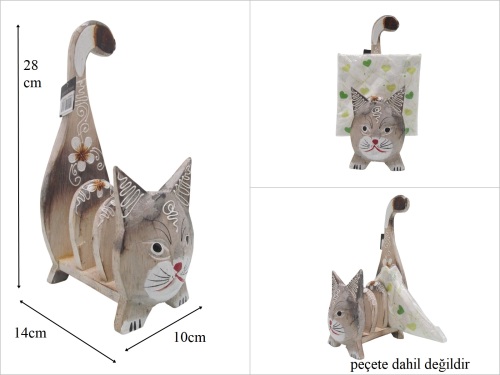 sd53551 dekoratif 3 bölmeli kedi figürlü ahşap peçetelik - 